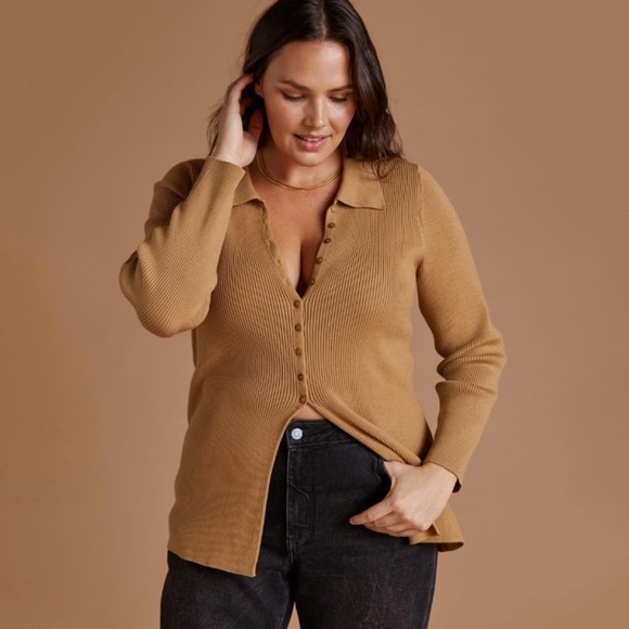 NWT Anthropologie Maeve Ribbed Slim Button Down Collared Cardigan Tan - Picture 1 of 8